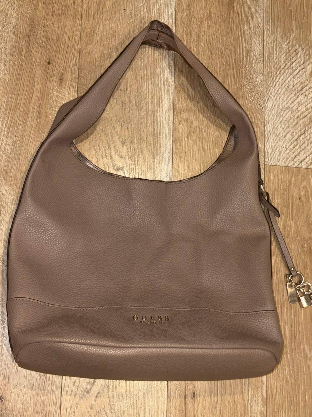 Guess Pebbled Leather Shoulder Hobo Bag in Taupe Brown - Picture 3 of 6